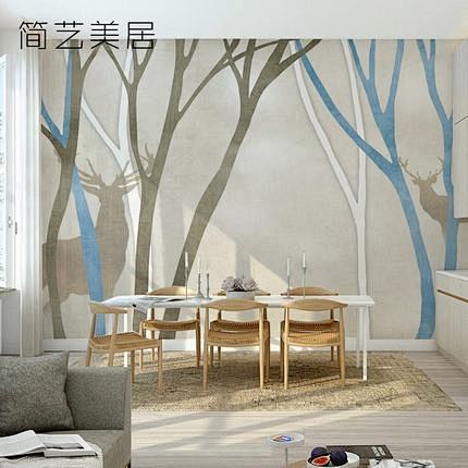 定制壁画 北欧墙纸壁画 复古树林麋鹿壁纸...