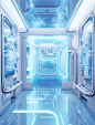 an abstract illustration of an electronic room with ionized water, in the style of hyper-realistic sci-fi, light blue and white, science academia, realistic color schemes, detailed miniatures, translucent color, industrial and product design