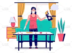 女人用口罩、手套清洁客厅桌子表面，平面矢量插画。家消毒。