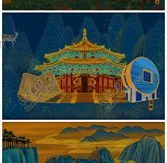 国潮风古典城市建筑铜锈国画山水手绘插画仙鹤烫金ps设计素材海报-淘宝网