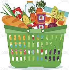 购物篮与食物矢量插图