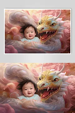 AI数字艺术龙年龙抬头生肖龙宝宝婴儿插画