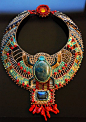 Necklace | Doro Soucy. 'Egyptian Scarab' The scarab in the center is an apatite cabochon in shades of turquoise colors. It is surrounded by Japanese, German and Czech bugle and seed beads, faceted dark red corals, and glass beads. The necklace also featur
