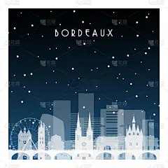 波尔多,城市,夜晚,冬天,扁平化设计,室内过夜,法国,雪,现代,剪影