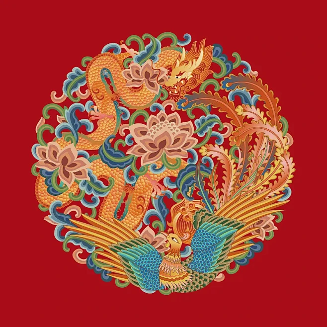 传统龙凤花纹圆形复古图案红色背景图片-花瓣网