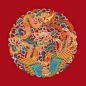 传统龙凤花纹圆形复古图案红色背景图片