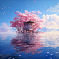 水面漂浮亭，樱花，湖水，天空海报