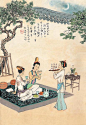 【宋　穿针比巧】
供果焚香祝新秋，庭中比巧月如钩。年年闺阁乞织女，男儿何曾求牵牛。
周处《风土记》云：“七月七日，其夜洒扫庭中，露施几筵，设酒脯时果，散香粉于筵上，以祀河鼓(即牵牛也)织女。”唐诗人祖咏《七夕乞巧》诗云：“闺女求天女，更阑意未阑。玉庭开粉席，罗袖捧金盘。向月穿针易，迎风整线难。不知谁得巧，明旦试相看。”穿针乞巧者，或穿七孔针，或穿九孔针，用一根彩线连续穿过为巧。《醉翁谈录》：“其实此针不可用也，针褊而孔大。”