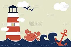 矢量插图的灯塔。夏天的背景设计与可爱的灯塔，螃蟹，achor和云的社交媒体头，网络横幅，壁纸