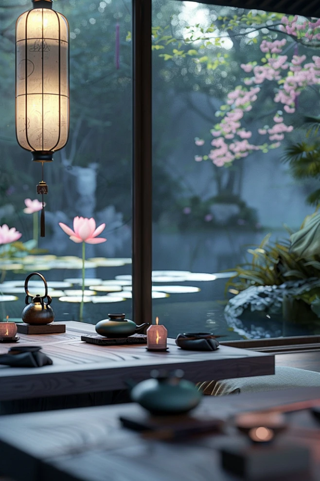 典雅的古典荷花禅意场景-花瓣网