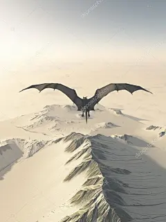 奇幻插画的灰色的龙飞过白雪覆盖的山脉，3d 数字呈现图