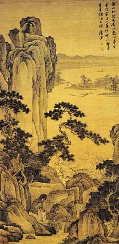 《杏花茅屋图》明 唐寅 绢本设色 纵147.8厘米 横73.2厘米 上海博物馆藏 唐寅曾从苏州老师周臣学习，也受过沈周的指点。他的绘画在基本技法上，是透过接受从李成、郭熙到李唐的传统，而在笔墨情趣和意境上，则是文人的素质，可以说是画匠士气俱有。《杏花茅屋图》是他风景画中一幅富有生气的作品。画中高峻的山峰，叠叠泉流，摇曳的松树，布置合理，意境清远，的确能显示唐寅的才子之风，同时又体现了他那坚实的传统绘画功力。@北坤人素材