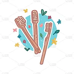 可回收的牙刷卡通涂鸦风格图标。零浪费生活理念。手绘贴纸竹牙刷配天然有机花卉装饰。没有塑料的风格。向量