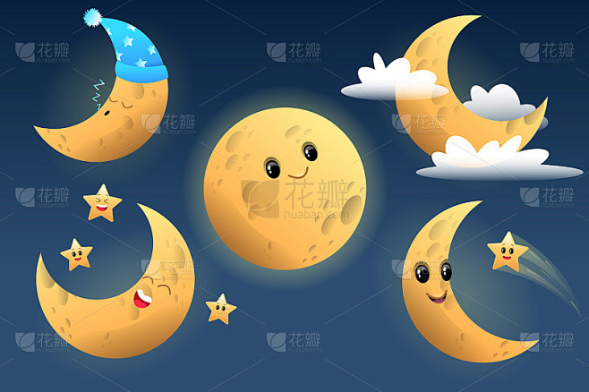 卡通可爱的月亮人物。儿童插图，快乐的月亮，睡眠的月亮，天空中的卡通人物。晚上,星星。向量illusr