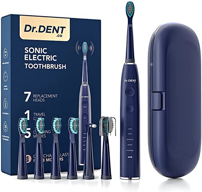 DrDent 高级声波电动牙刷 - 7 个Dupont 刷头和旅行盒 - 5 种清洁模式,带智能定时器 - 延长电池寿命 - 一次充电可持续 8 个月
