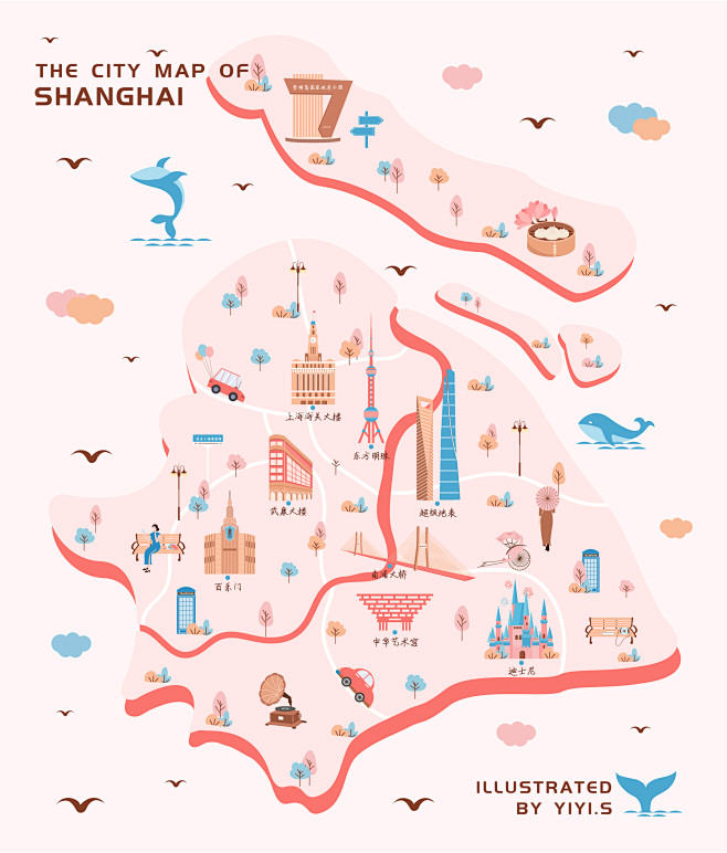 城市地图插画 上海 ai矢量风格 小清新风格