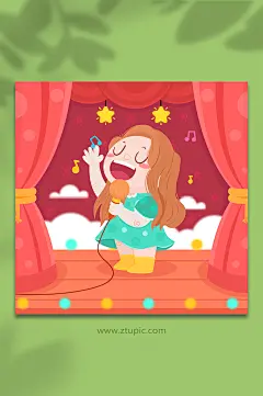 女孩唱歌舞台场景儿童节人物插画-众图网