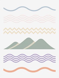 极简主义风格的系列波浪线条设计素材集合，纯净白色背景，六个完全不同造型的波浪元素以规整的垂直排列方式呈现。第一个是纤细流畅的连续波浪线，采用柔和的莫兰迪浅灰蓝色；第二个是中等粗细的平缓波浪线，选用低饱和度的莫兰迪淡粉色；第三个是细密紧凑的锯齿状波浪线，为雅致的莫兰迪米黄色；第四个是粗实的山形波浪纹，呈现温润的莫兰迪灰绿色；第五个是宽阔的波浪底纹，采用沉稳的莫兰迪淡紫色；第六个是带有微妙弧度变化的粗波浪条，为柔和的莫兰迪浅橙色。所有波浪线条边缘清晰锐利，色彩过渡自然，整体保持简洁、清晰、专业的设计感，无任何