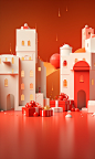 Christmas tv show illustration, in the style of vray tracing, red and orange, commercial imagery, trompe l'oeil compositions, playful use of light and shadow, minimalist cityscapes, kintsugi