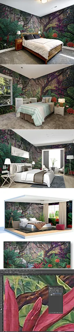 中世纪手绘热带雨林植物花卉全屋背景墙装饰画