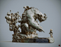 Welcome to The Strange Planet, Zhelong Xu : I want to show a huge monster with an oriental style facing an astronaut. The astronaut was weak, but she had a gun hidden behind her. The monster is huge and looks terrible, but the smiling face behind him is h