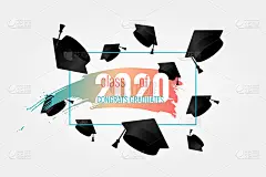 2020级。手绘笔刷条纹，数字与抛起黑色教育学位帽。毕业设计模板，高中，大学祝贺毕业生，年鉴。矢量图