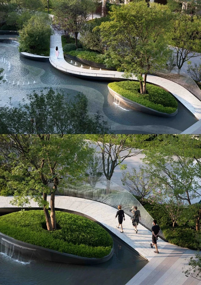 大连中海海港城天誉 栈桥漂浮在水上，一侧是内凹观赏景墙，桥下是一汪清水，起伏的山行树池沿路散布。冬季、或举行活动时，关上水景成为多功能共享空间 ...
