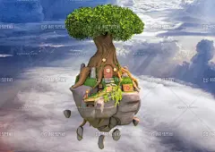 次世代纯手绘树屋岛 卡通浮岛 Q版 幻想浮岛 梦幻 奇幻 幻想 天空之城