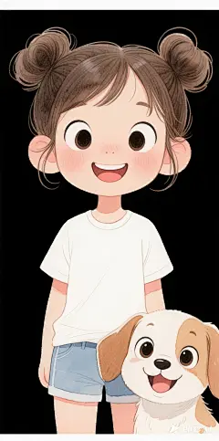 jimeng-2025-05-08-529-杰作, 最好的质量, 水彩绘画，卡通人物设计。白T恤，短裤，肖像，1 个女孩和一条小狗, 大眼睛，可爱的表情，两个发髻，有趣的，大笑，清晰的线条，留着空白，