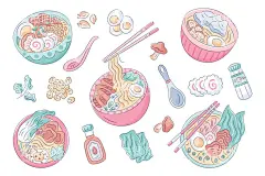 手绘面条  - 源文件下载【酷图网】美食,食物,美味,中华美食,拌面,鸽子汤,荷叶,牛肉面,方便面,汤面,海鲜面,粉干,酸辣粉,饺子,莲花,飘香,素雅,特色小吃,筷子夹面条,筷子,大虾,煎蛋,火腿,肉丸,美食手绘,食物手绘,美食插画,食物插画,唯美插画,唯美,水彩,小清新,手绘,插画,写意,治愈系