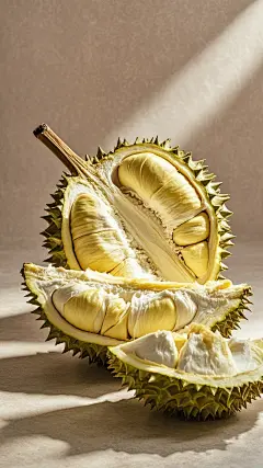 榴莲，新鲜，自然，外壳质感细腻真实，色彩饱满有食欲，构图新颖，动感，纯色背景，静物摄影，画面通透明亮，光线柔和，海报，冲击力 (4)