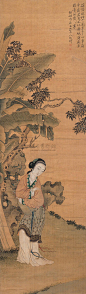 改琦——《班姬吟扇》【摇落秋梧十二阑，掌中心事扇中看。君恩不似齐纨薄，无奈瑶台风露寒。 班姬吟扇】仕女人物小景 立轴欣赏 | 
清|改琦(1773-1828)字伯韫号香白，又号七芗、玉壶山人、百蕴生、改伯、横泖渔父等。工仕女人物佛像花鸟兰竹。宗法华岩，喜用兰叶描，仕女衣纹细秀，树石背景简逸，造型纤细，敷色清雅，创立了仕女画新的体格，时人称为"改派"。