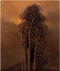 刘大可先生的微博兰画家济斯瓦夫·贝克辛斯基（zdzisław bekśiński，1929-2005）。
这个人据称没有经过专业的训练，但明显收到了超现实主义和表现主义的启发，特别是在60年代到80年代那个荒唐的年代，他进入了一个怪诞的“空想时期”，作品中充满了腐坏的尸骸、废弃的教堂、荒芜的焦土，然而这种狰狞的场面并不让人想起地狱，而更让人怀疑那是一个无法躲避的噩梦。_微博