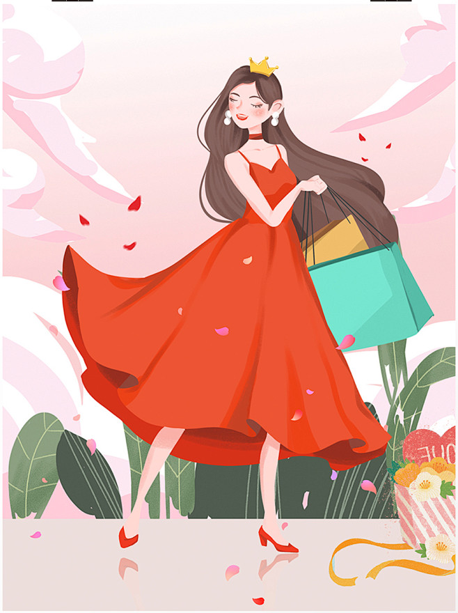 三八妇女节女神节手绘卡通插画