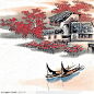 中国国画之秋景-红枫与渔船人家