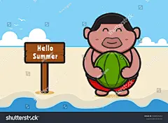 卡通小胖子 矢量插画 夏季沙滩