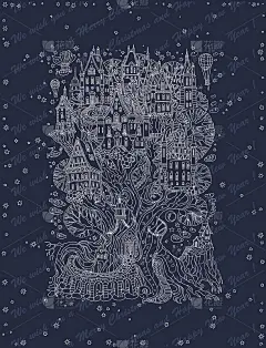 向量手绘幻想老橡树与童话的房子。浅灰色的涂鸦素描。t恤印花，雪片框在深蓝色的背景。新年和圣诞贺卡，聚