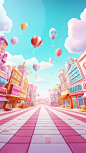 an illustration of the city has cute decorations like balloons, buildings, and balloons, in the style of 8k 3d, Candy color, Pastel colors in Rococo style, light cyan and pink, futuristic glamour, cyclorama, candycore, low-angle shots, expansive landscape