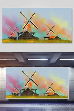 唯美清新高端大气荷兰风车插画海报