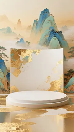 展台，场景，电商背景，国风，中式建筑与山水，敦煌风格，竖屏，zxs (2)