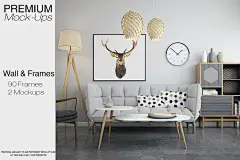 室内家居客厅墙面艺术装饰画有框画壁纸展示效果图VI智能贴图PS样机素材 Wall Frames Pillow Mockup Pack - 南岸设计网 nananps.com
