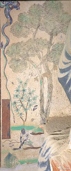 【大树与小树】#遇见敦煌# 莫高窟第79窟，盛唐。屏风画中的大树画得十分严谨、精细，用皴笔对树干作了写实性的描绘，侧旁长着一棵小桂花树，整个画面具有典雅、精致之美。 ​​​​