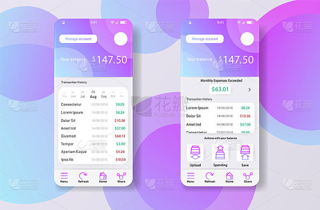 智能手机widjet手机应用用户界面设计财务理财应用。UI, UX, GUI web风格，简约的平面