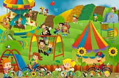 孩子们在游乐场-匹配游戏玩耍卡通场景