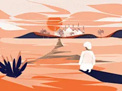 扁平矢量沙漠祷告风景插画中东阿拉伯旅游沙丘戈壁骆驼插图AI设计素材