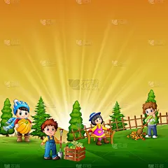 许多孩子在农场工作的场景