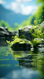 a rock covered with grass with moss on the water, in the style of rendered in cinema4d, shallow depth of field, photo-realistic landscapes, tropical landscapes, xbox 360 graphics, japanese minimalism, delicately rendered landscapes