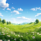 The green grass of the meadow against a blue sky, in the style of whimsical anime, 32k uhd, flower and nature motifs, realistic and hyper - detailed renderings, pastoral charm, soft and dreamy atmosphere