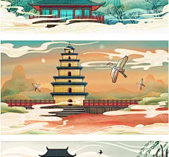 PS素材图古风建筑中国风国潮城市海报插画扁平风 PSD排版设计模板-淘宝网