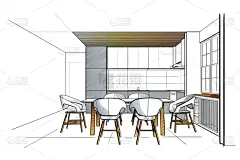 现代,草图,厨房,室内,视角,椅子,住宅内部,线条画,绘画插图,建筑